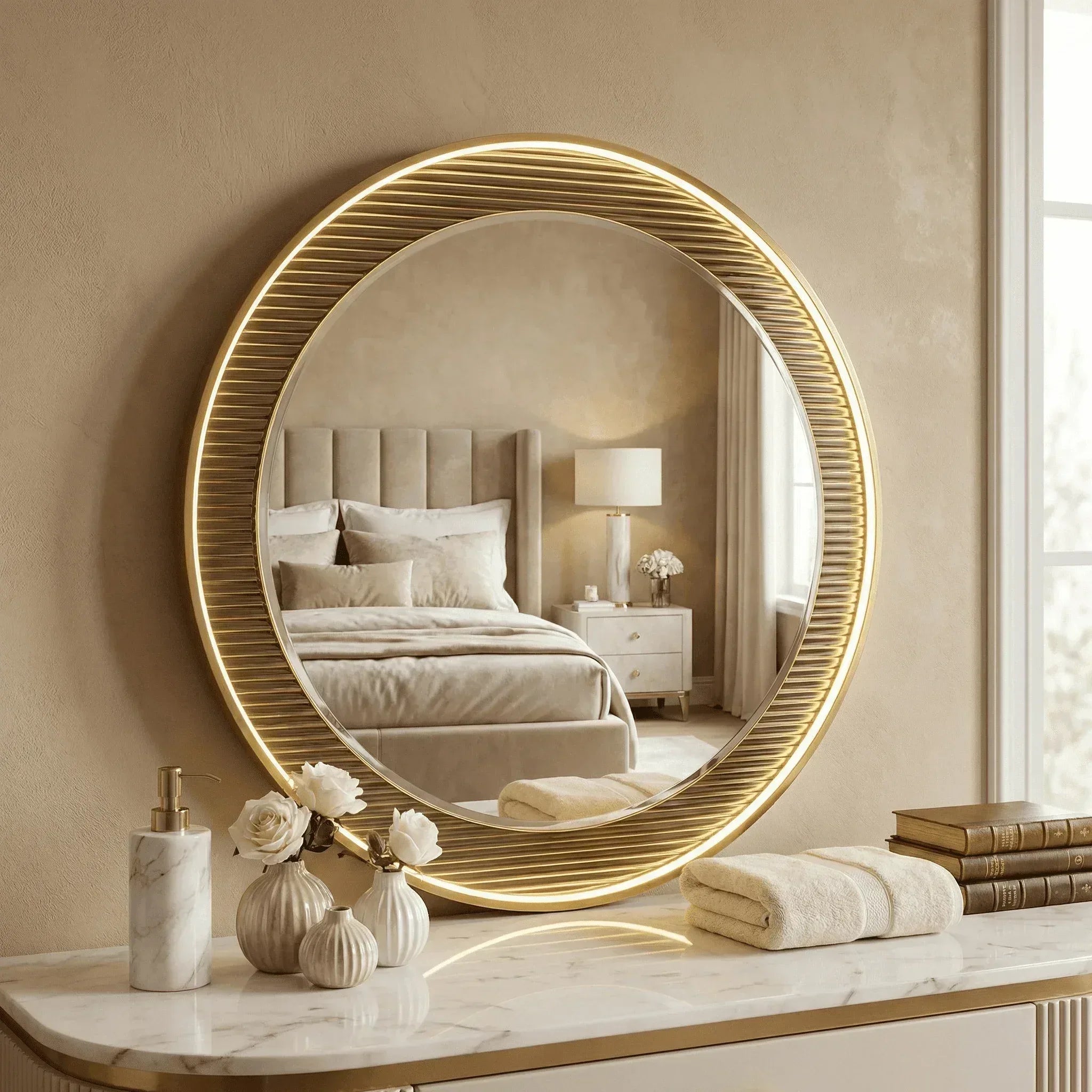 Premium Round LED Wall Mirror - Gold Aluminum Fusion Profile Light Design - Glassma